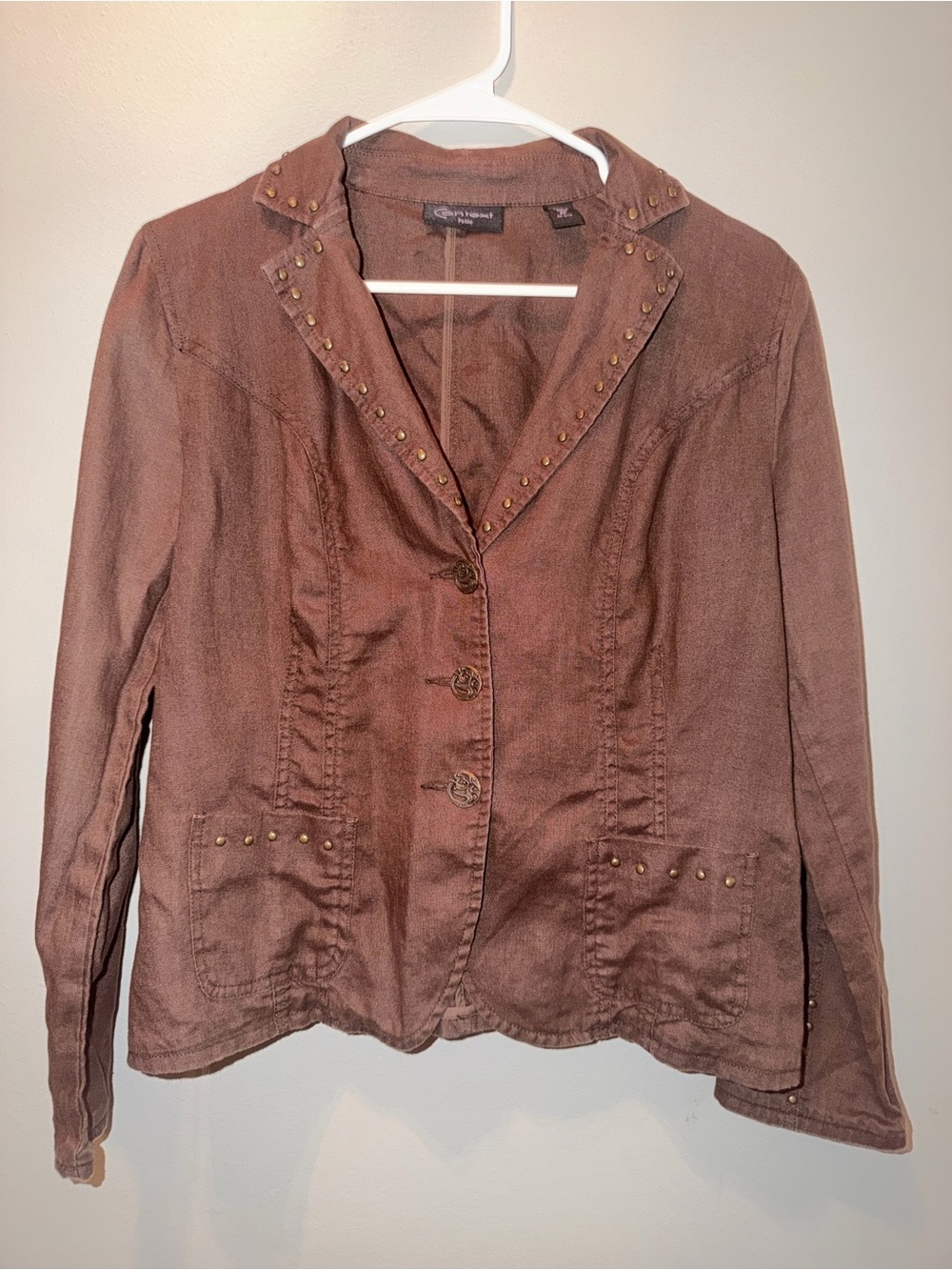 Context western studded blazer Women’s size 8P brown 100% linen blazer